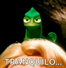 a cartoon chameleon is sitting on top of a woman 's head and says tranquilo .
