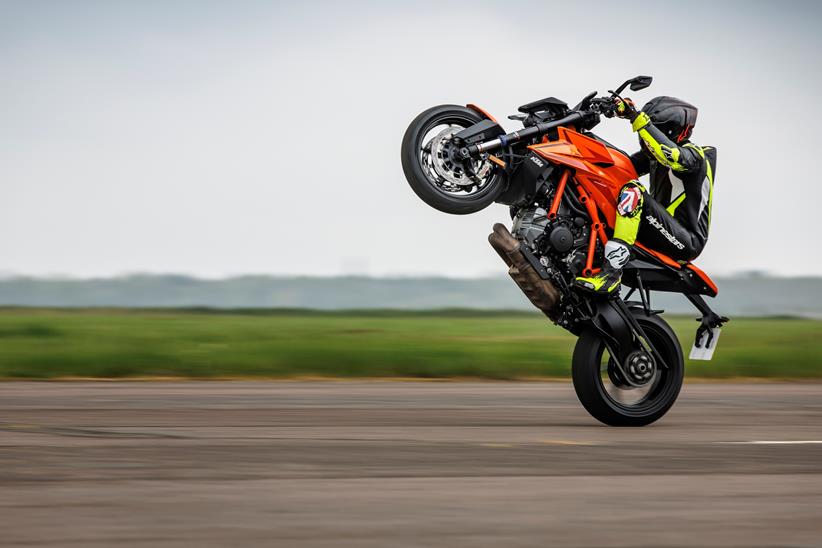 Pulling a tall wheelie on the 2024 KTM 1390 Super Duke R Evo